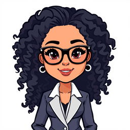 A Bitmoji-style character of a woman with very long curly hair and glasses, dressed in a stylish suit