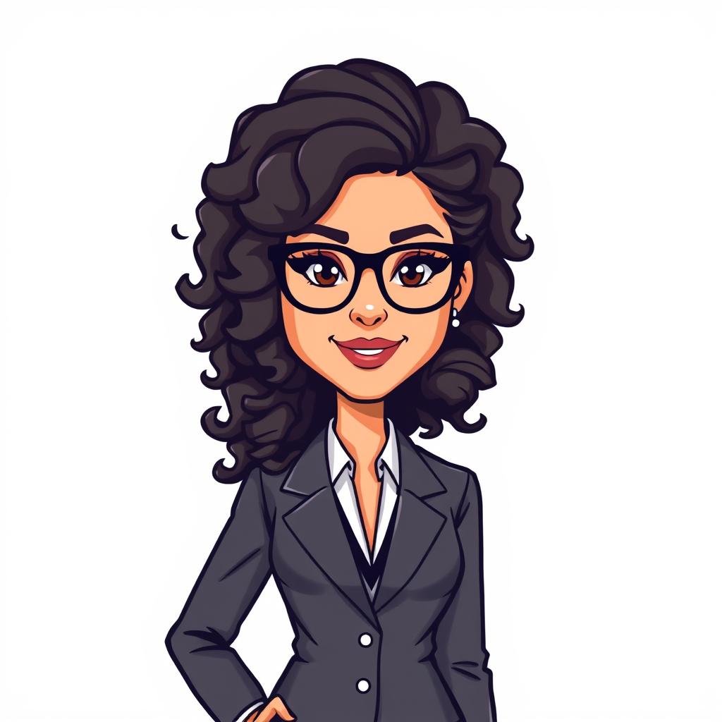 A Bitmoji-style character of a woman with very long curly hair and glasses, dressed in a stylish suit