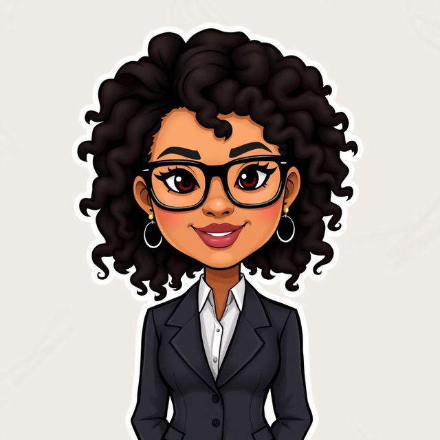 A Bitmoji-style character of a woman with very long curly hair and glasses, dressed in a stylish suit