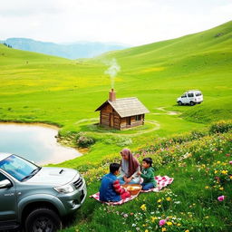 A lush green landscape in northern Iran next to a crystal clear pond, surrounded by a meadow filled with beautiful spring flowers