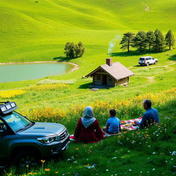 A lush green landscape in northern Iran next to a crystal clear pond, surrounded by a meadow filled with beautiful spring flowers