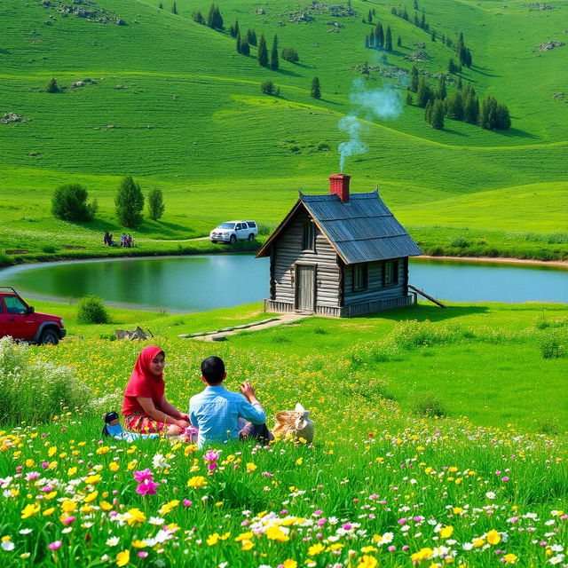 A lush green landscape in northern Iran next to a crystal clear pond, surrounded by a meadow filled with beautiful spring flowers