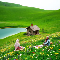 A lush green landscape in northern Iran next to a crystal clear pond, surrounded by a meadow filled with beautiful spring flowers
