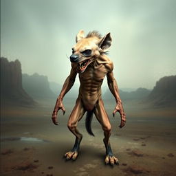 A surreal creature featuring a skinless hyena's head with menacing features, showcasing sharp teeth and a fierce expression