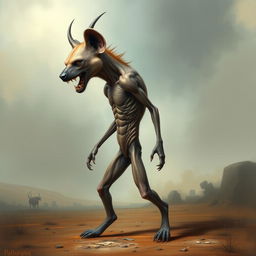 A surreal creature featuring a skinless hyena's head with menacing features, showcasing sharp teeth and a fierce expression