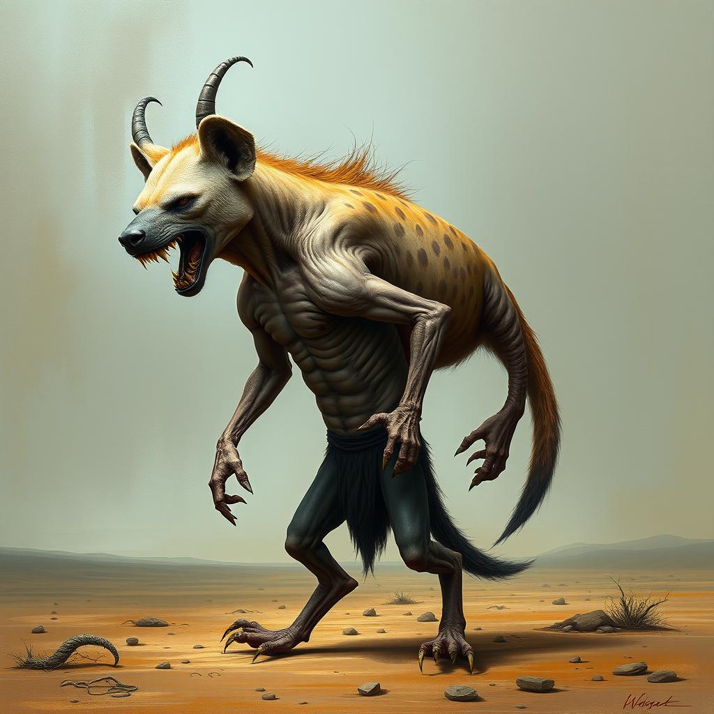 A surreal creature featuring a skinless hyena's head with menacing features, showcasing sharp teeth and a fierce expression