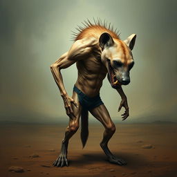 A surreal creature featuring a skinless hyena's head with menacing features, showcasing sharp teeth and a fierce expression