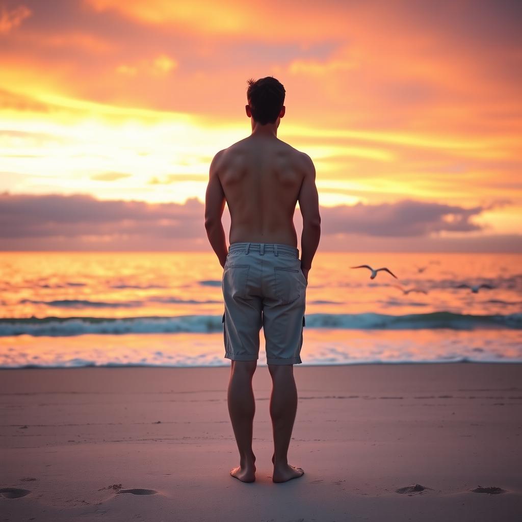 A serene sunset at the beach featuring a man standing with his back to the viewer, gazing out at the horizon