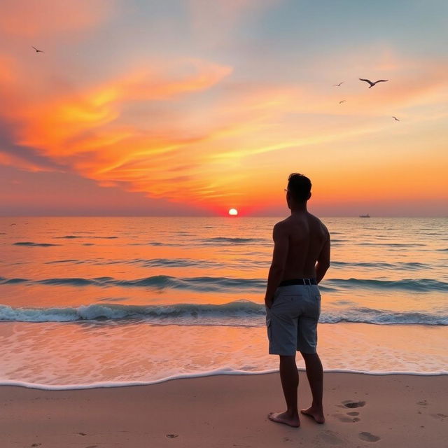 A serene sunset at the beach featuring a man standing with his back to the viewer, gazing out at the horizon