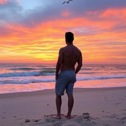 A serene sunset at the beach featuring a man standing with his back to the viewer, gazing out at the horizon