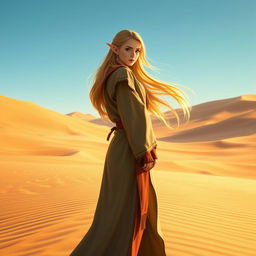 A female Half-Elf Monk standing gracefully in a vast, sun-soaked desert landscape, wearing traditional Monk robes that flutter gently in the warm breeze