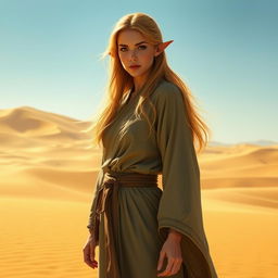 A female Half-Elf Monk standing gracefully in a vast, sun-soaked desert landscape, wearing traditional Monk robes that flutter gently in the warm breeze