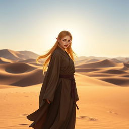 A female Half-Elf Monk standing gracefully in a vast, sun-soaked desert landscape, wearing traditional Monk robes that flutter gently in the warm breeze