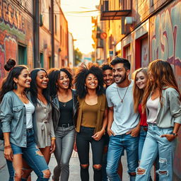 A vibrant street scene featuring a diverse group of friends hanging out together, showcasing a sense of community and camaraderie