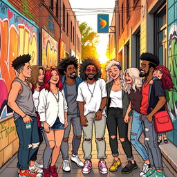 A vibrant street scene featuring a diverse group of friends hanging out together, showcasing a sense of community and camaraderie