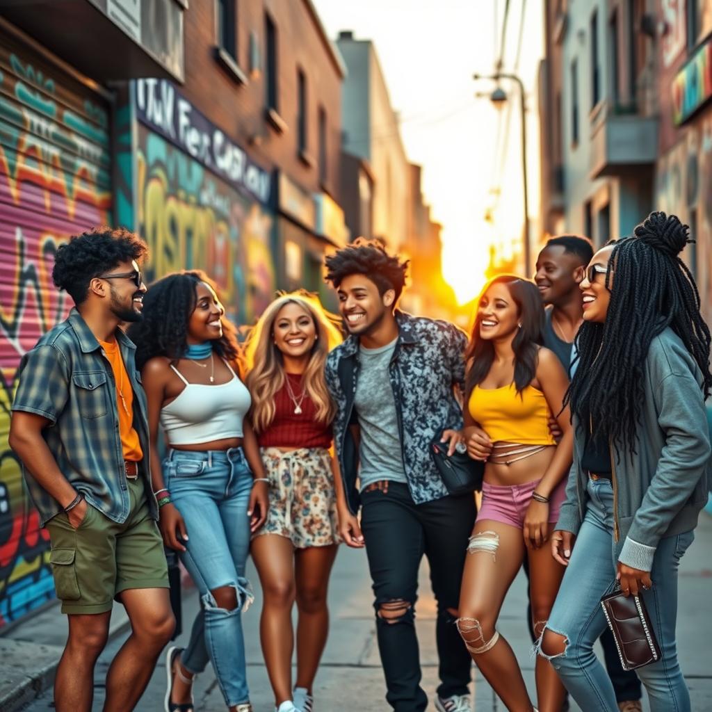 A vibrant street scene featuring a diverse group of friends hanging out together, showcasing a sense of community and camaraderie