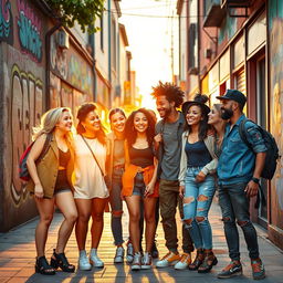 A vibrant street scene featuring a diverse group of friends hanging out together, showcasing a sense of community and camaraderie