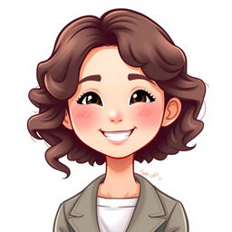 A Bitmoji-style character of a Chinese woman with soft curly hair, showcasing a cheerful and friendly expression