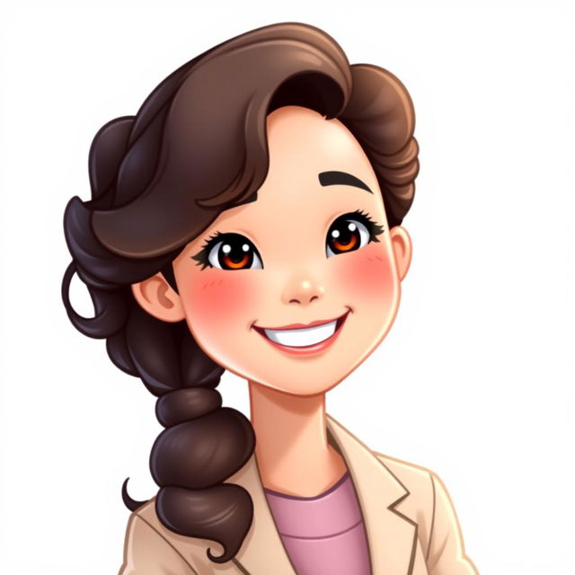 A Bitmoji-style character of a Chinese woman with soft curly hair, showcasing a cheerful and friendly expression