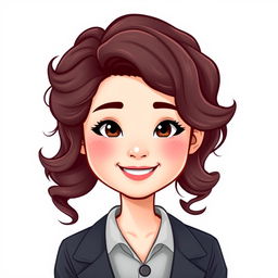 A Bitmoji-style character of a Chinese woman with soft curly hair, showcasing a cheerful and friendly expression