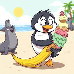 A humorous cartoon scene featuring a clumsy penguin slipping on a banana peel while trying to balance a stack of ice cream cones