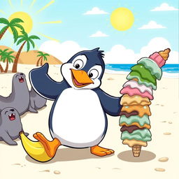 A humorous cartoon scene featuring a clumsy penguin slipping on a banana peel while trying to balance a stack of ice cream cones