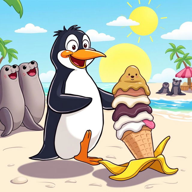 A humorous cartoon scene featuring a clumsy penguin slipping on a banana peel while trying to balance a stack of ice cream cones