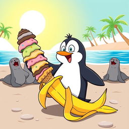 A humorous cartoon scene featuring a clumsy penguin slipping on a banana peel while trying to balance a stack of ice cream cones