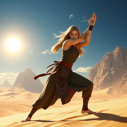 A female Half-Elf Monk fighter depicted in a striking pose in the midst of a vast, sun-drenched desert, showcasing her martial arts prowess
