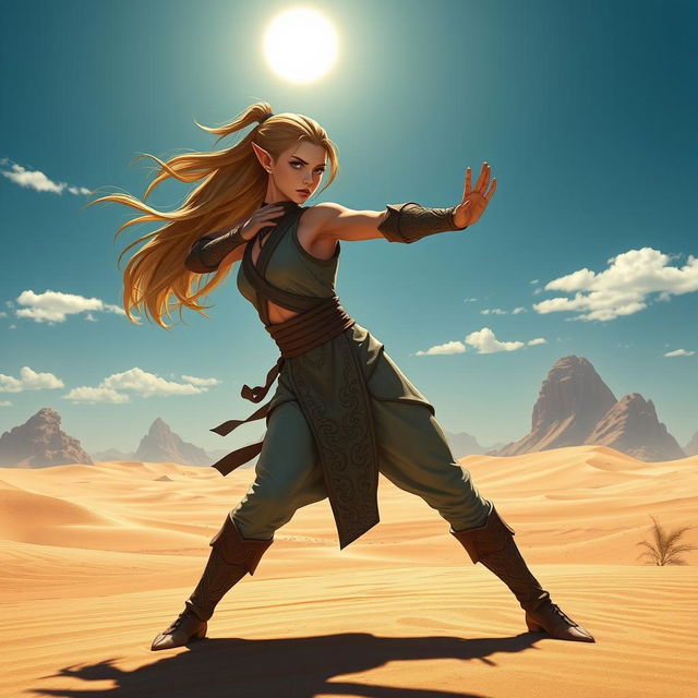 A female Half-Elf Monk fighter depicted in a striking pose in the midst of a vast, sun-drenched desert, showcasing her martial arts prowess