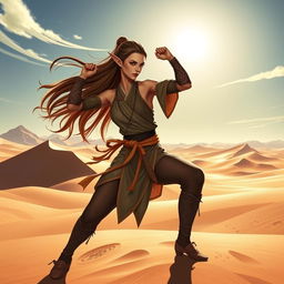 A female Half-Elf Monk fighter depicted in a striking pose in the midst of a vast, sun-drenched desert, showcasing her martial arts prowess