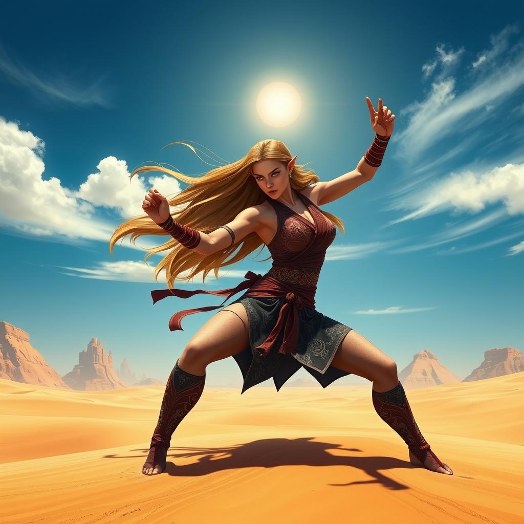 A female Half-Elf Monk fighter depicted in a striking pose in the midst of a vast, sun-drenched desert, showcasing her martial arts prowess