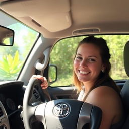 A spacious view inside a Toyota Hilux, with the windows down