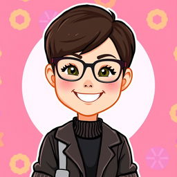 A Bitmoji-style character of a woman with short hair and glasses, displaying a cheerful and confident expression