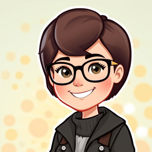 A Bitmoji-style character of a woman with short hair and glasses, displaying a cheerful and confident expression