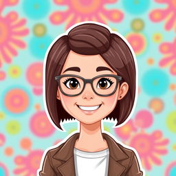 A Bitmoji-style character of a woman with short hair and glasses, displaying a cheerful and confident expression