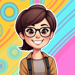 A Bitmoji-style character of a woman with short hair and glasses, displaying a cheerful and confident expression