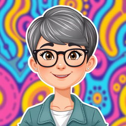 A Bitmoji-style character of a woman with very short hair and glasses, featuring a friendly and approachable expression