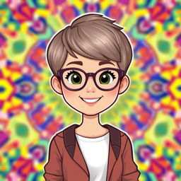 A Bitmoji-style character of a woman with very short hair and glasses, featuring a friendly and approachable expression