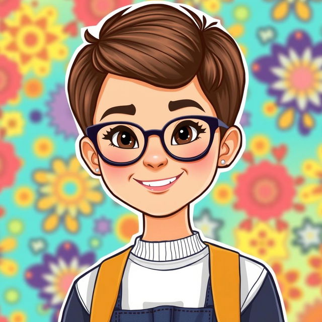 A Bitmoji-style character of a woman with very short hair and glasses, featuring a friendly and approachable expression