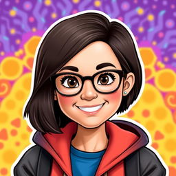 A Bitmoji-style character of a woman with very short hair and glasses, featuring a friendly and approachable expression