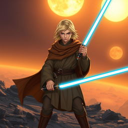 A heroic Jedi Knight with striking blonde hair, clad in traditional Jedi robes featuring a flowing brown cloak, standing confidently on a rocky terrain