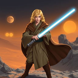 A heroic Jedi Knight with striking blonde hair, clad in traditional Jedi robes featuring a flowing brown cloak, standing confidently on a rocky terrain
