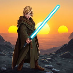 A heroic Jedi Knight with striking blonde hair, clad in traditional Jedi robes featuring a flowing brown cloak, standing confidently on a rocky terrain
