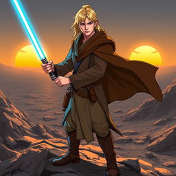 A heroic Jedi Knight with striking blonde hair, clad in traditional Jedi robes featuring a flowing brown cloak, standing confidently on a rocky terrain