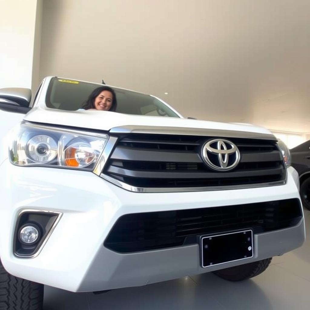 A Toyota Hilux in white, viewed from a low angle, approximately 8 meters away