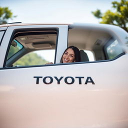 A Toyota Hilux in white, viewed from a low angle, approximately 8 meters away