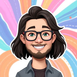A Bitmoji-style character of a man with waist-length hair and glasses, exhibiting a friendly and confident expression