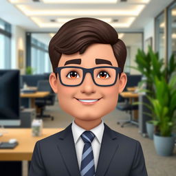 A Bitmoji-style character of a man dressed in professional office attire, such as a suit and tie