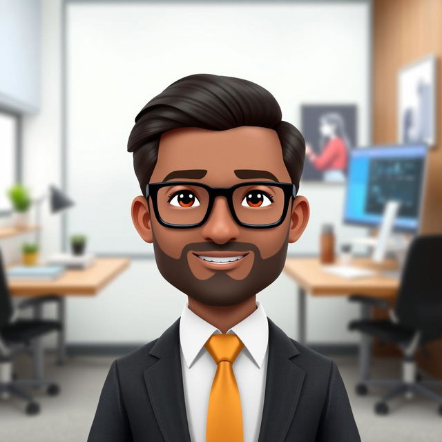 A Bitmoji-style character of a man dressed in professional office attire, such as a suit and tie